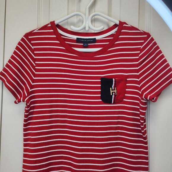 [M] Tommy Hilfiger Red and White Striped T-Shirt Dress Size Medium 100% Cotton - Picture 2 of 8